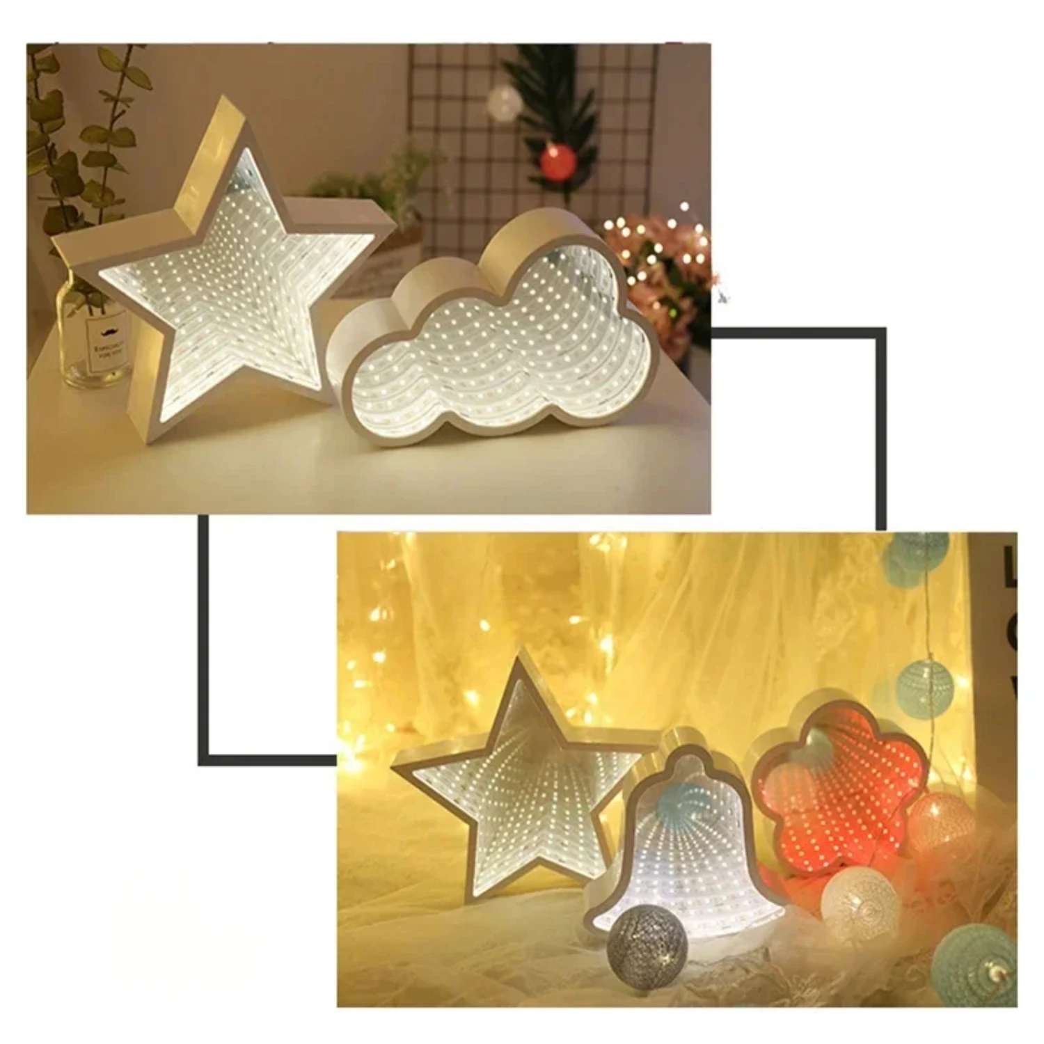 Lumières de miroir 3D pour bébé, cloches, arbre de Noël, pentagramme, amour, veilleuse, Extron Creative LED, lampe tunnel, cadeau jouet, nouveau