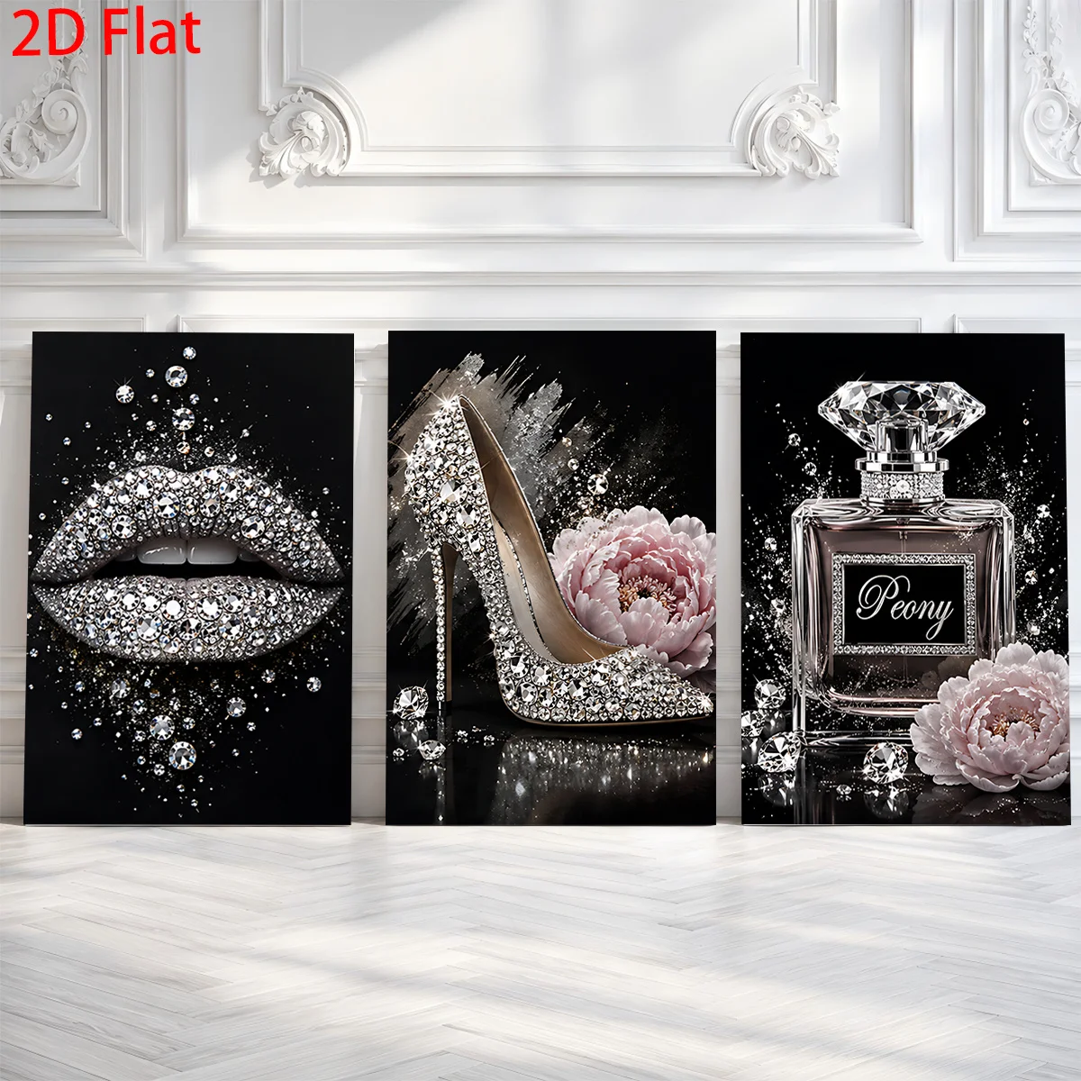 3 Pieces Three 2D flat artworks with diamond lips shoe perfume and peonies on black. Themed Canvas Wall Art, Waterproof Canva