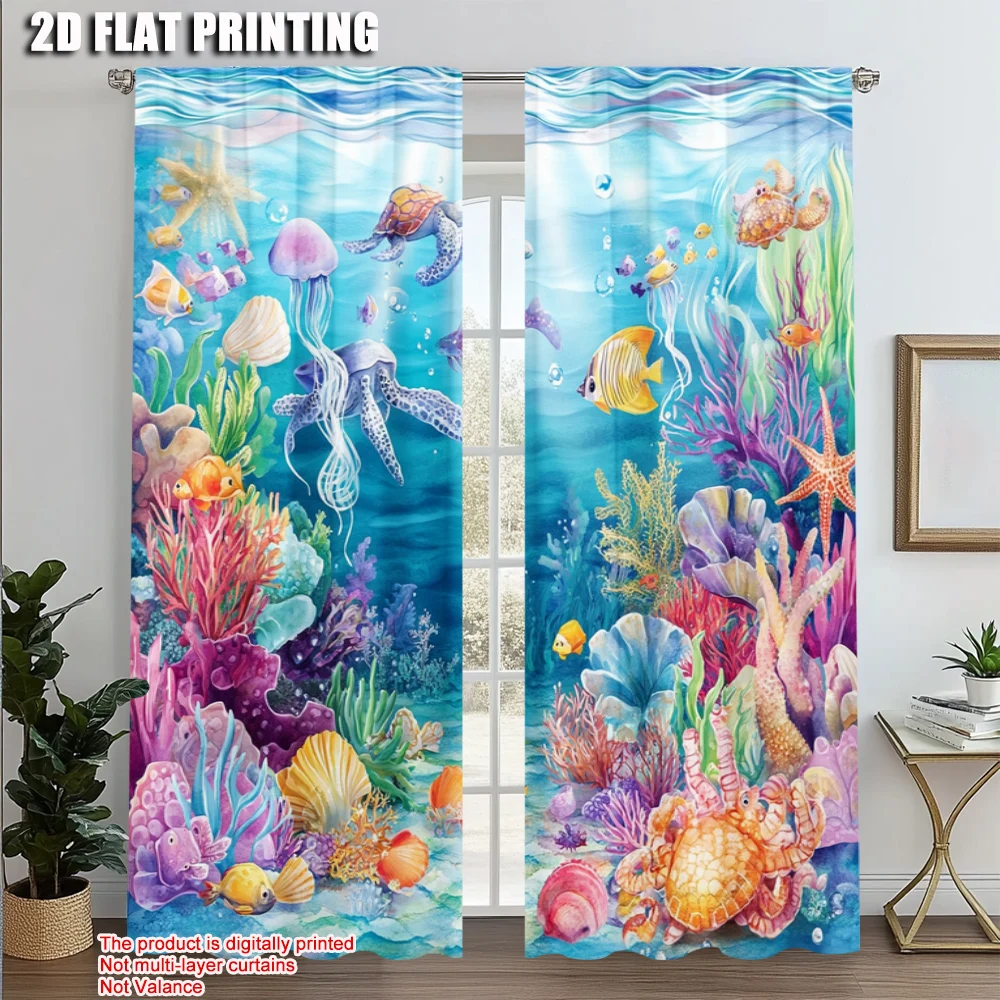 2pcs, Contemporary Curtains 2D print Ocean Sea Versatile Polyester Fabric (without rod) All Seasons Perfect for Bedroom & Living