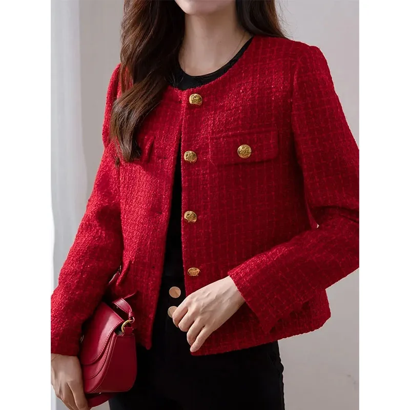 2024 New Women's Short Jacket Spring Autumn Korean Fashion Female Tops Elegant  Red Tweed Small Fragrance Coat Outerwear