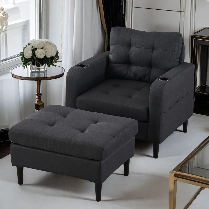 Upholstered Armchair and Storage Ottoman Set - Comfortable Single Sofa with Cup Holders and Tufted Detailing, Ideal Living Room