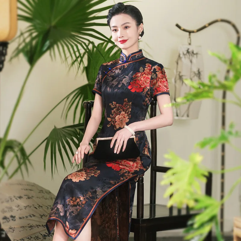 High Quality Heavy High-End Real Silk Gambiered Guangdong Cheongsam Qipao 2024 New Retro Improved Sense Chinese Style Dress Long