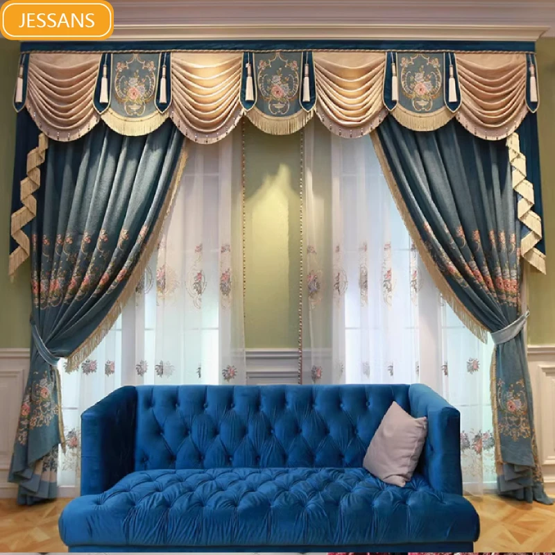 Customised Blue Jacquard Chenille Tassel Curtains for Living Room Bedroom Balcony Villa Embroidery Window Screen Valance