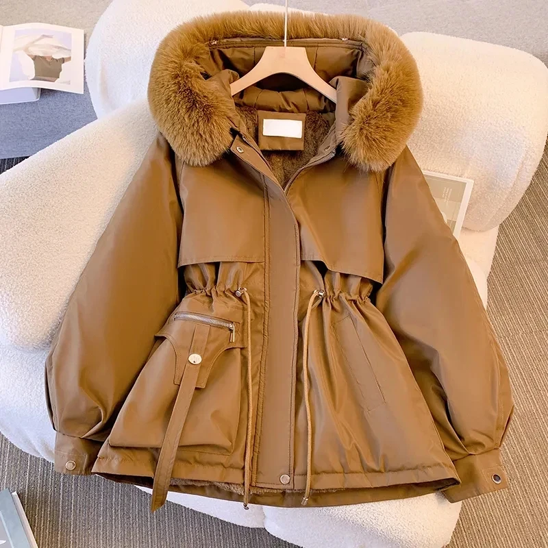 Parkas de colarinho de pele grande feminina, casaco de inverno, casaco longo, capuz, quente, forro de lã, neve feminina, parka acolchoado, nova