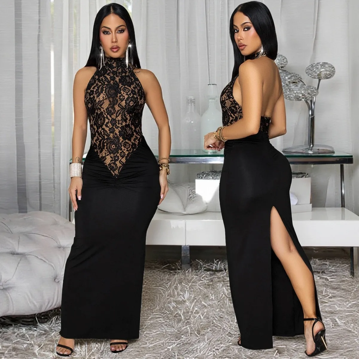 

Backless Slit Dress 2026 Spring/Summer Sexy Halter Lace Bodycon Maxi Evening Gown for Women Party Wedding Cocktail