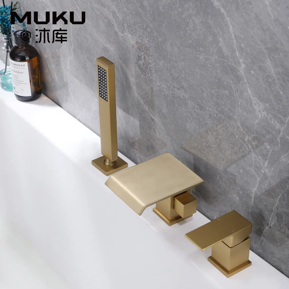 

Split Bathtub Faucet Brushed Gold Brass Three-Piece Cylinder Side Shower Square Waterfall Water Hot and Cold Bathroom Tub Faucet