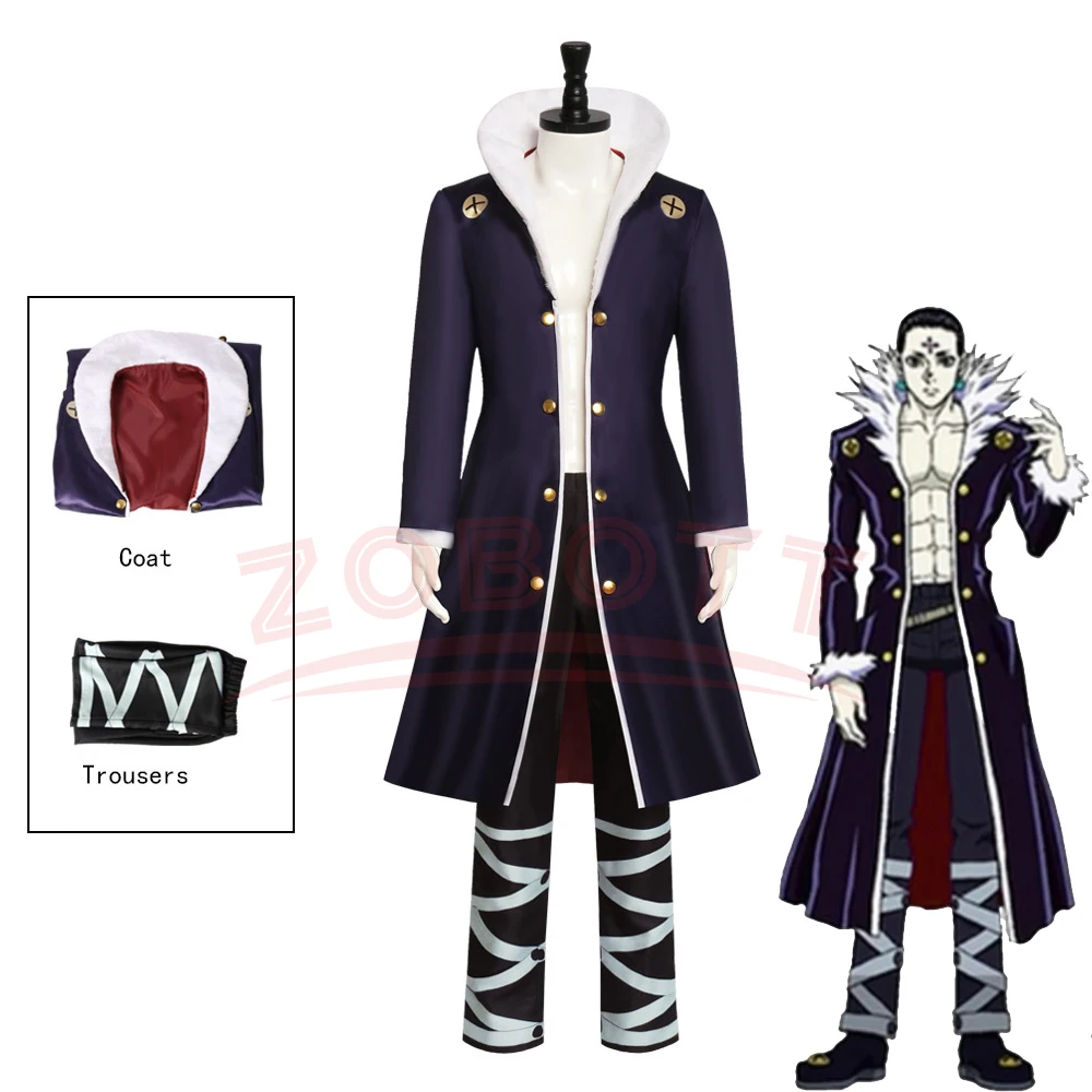 

Anime Chrollo Lucilfer Cosplay Costume Kuroro Rushirufuru Dark Blue Manga Trench White Plush Vertical Collar Pant Costume