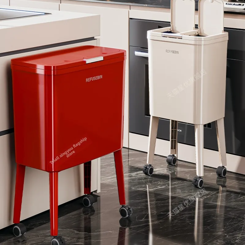 Plastic Trash Can with Lid High Foot No Bending Dry Wet Separation Bin Rolling Kitchen Storage Rack for Home Garbage Sorting