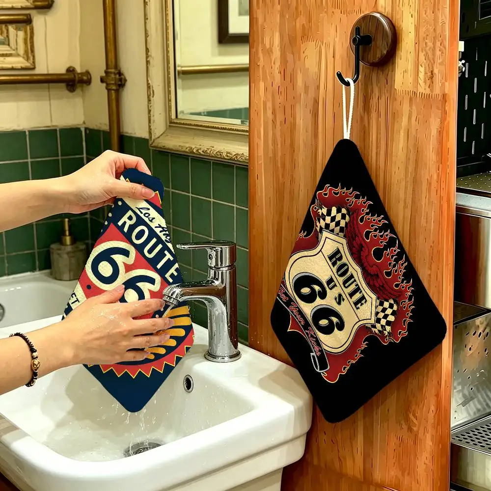 R-Route-66-Logo Hanging Style Hand Wiping Towel, Polyester Cotton, Anti-fade for Indoor Kitchen Living Room