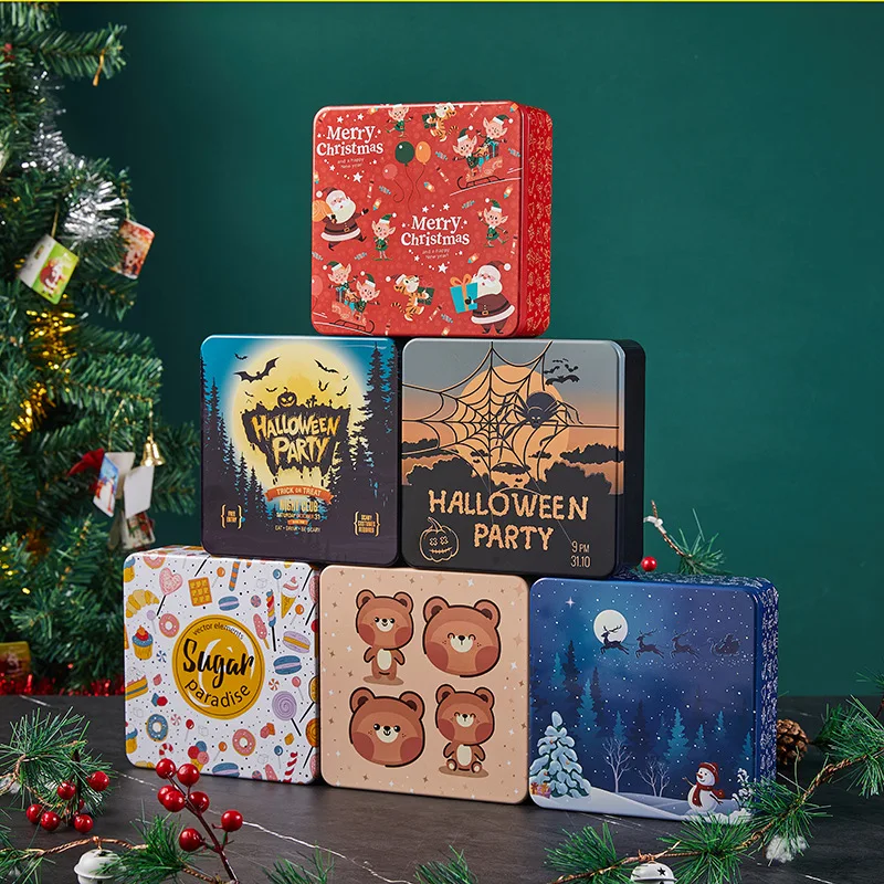 Cartoon Christmas Candy Gift Packaging Box Exquisite Printing Make Up Organizer Container Large Square Metal Biscuit Storage Box