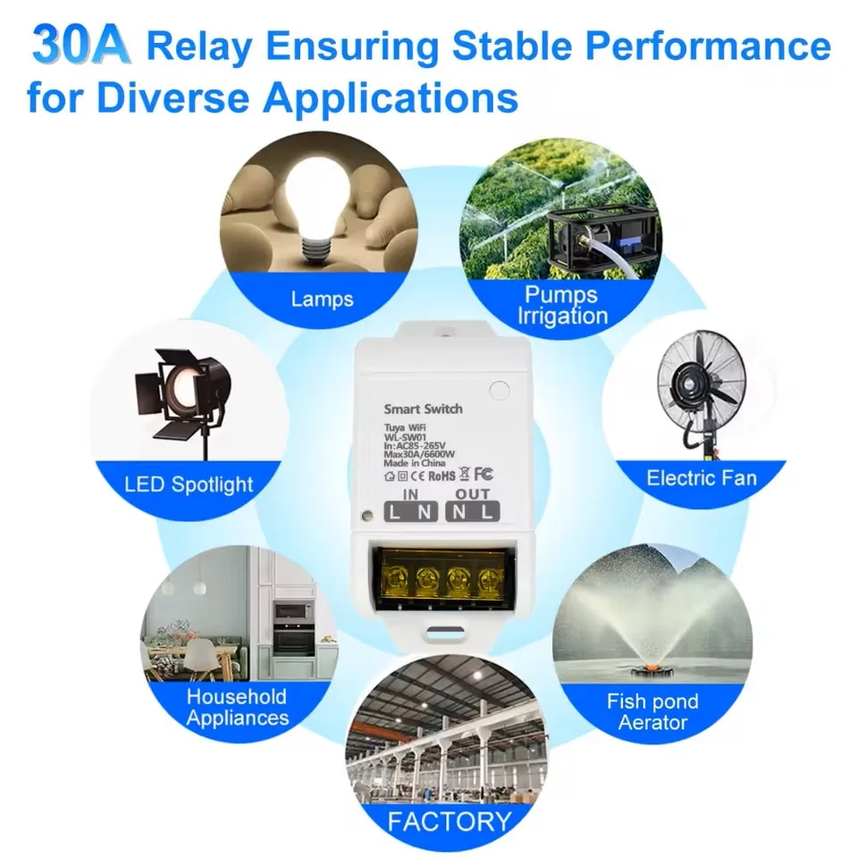30A 6600W WiFi Smart Motor Relay Module AC85-250V 110-240V Timing Voice Control DIY Home Automation Switch Works with TUYA Alexa