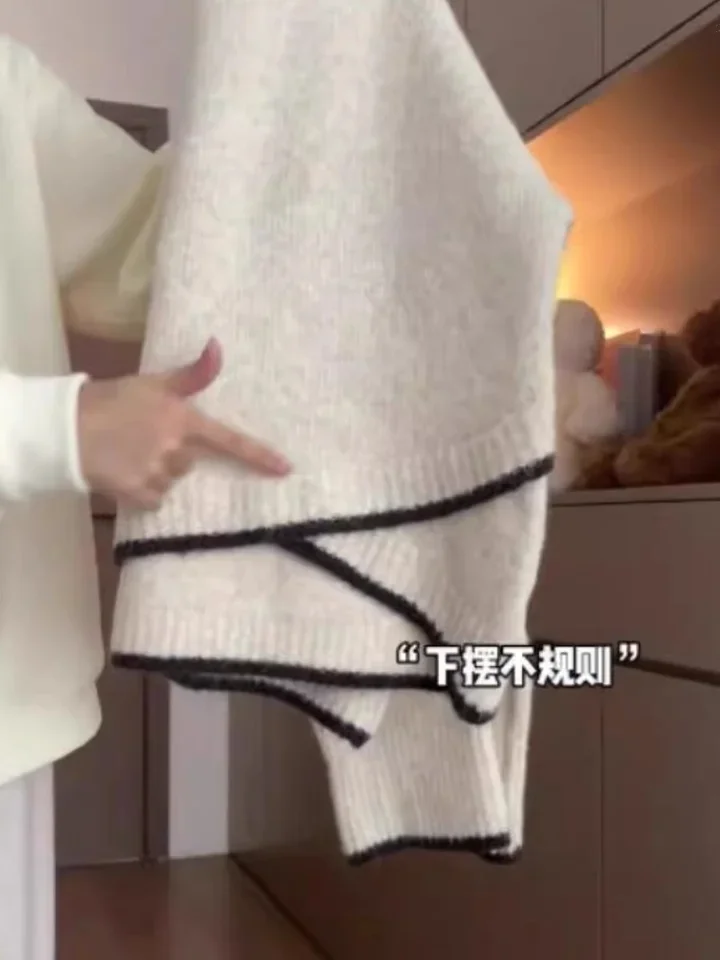 Suéter de Color de contraste Irregular para mujer primavera otoño Casual cuello redondo versátil suave suelto Top de punto jersey coreano de manga larga