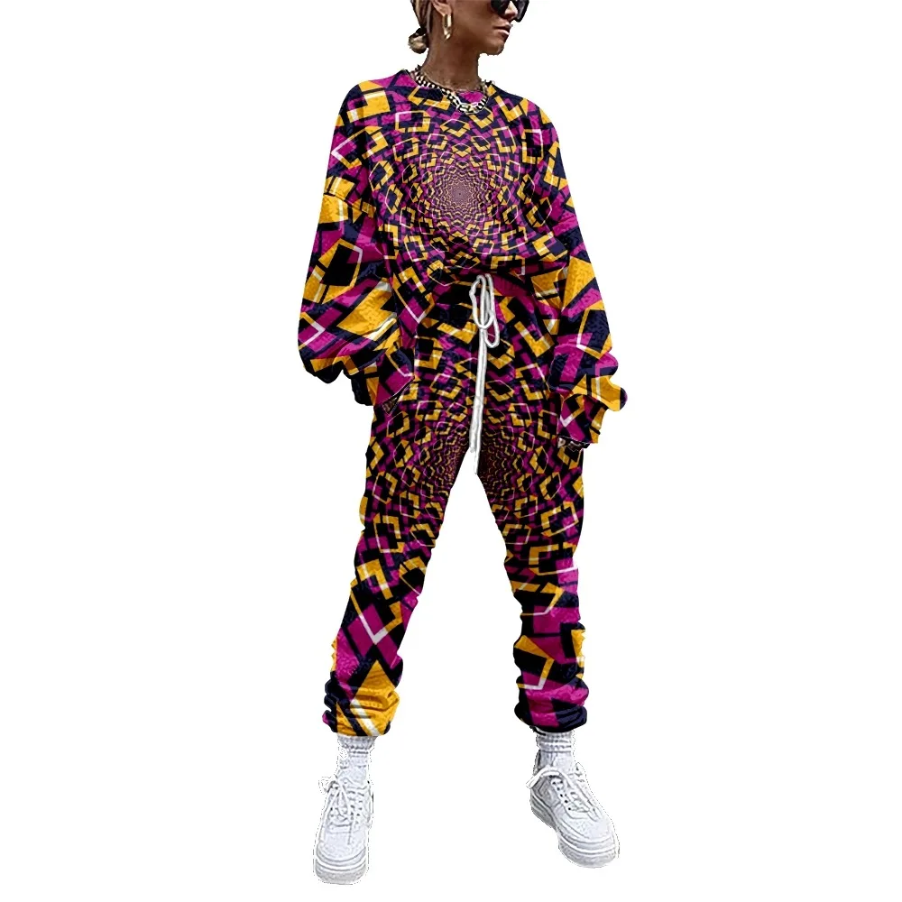 

Women Tracksuit Geometric Lines Print 2 Piece Outfit Sweatshirt+Straight Sweatpants Matching Set Fitness Sporty Streetwear