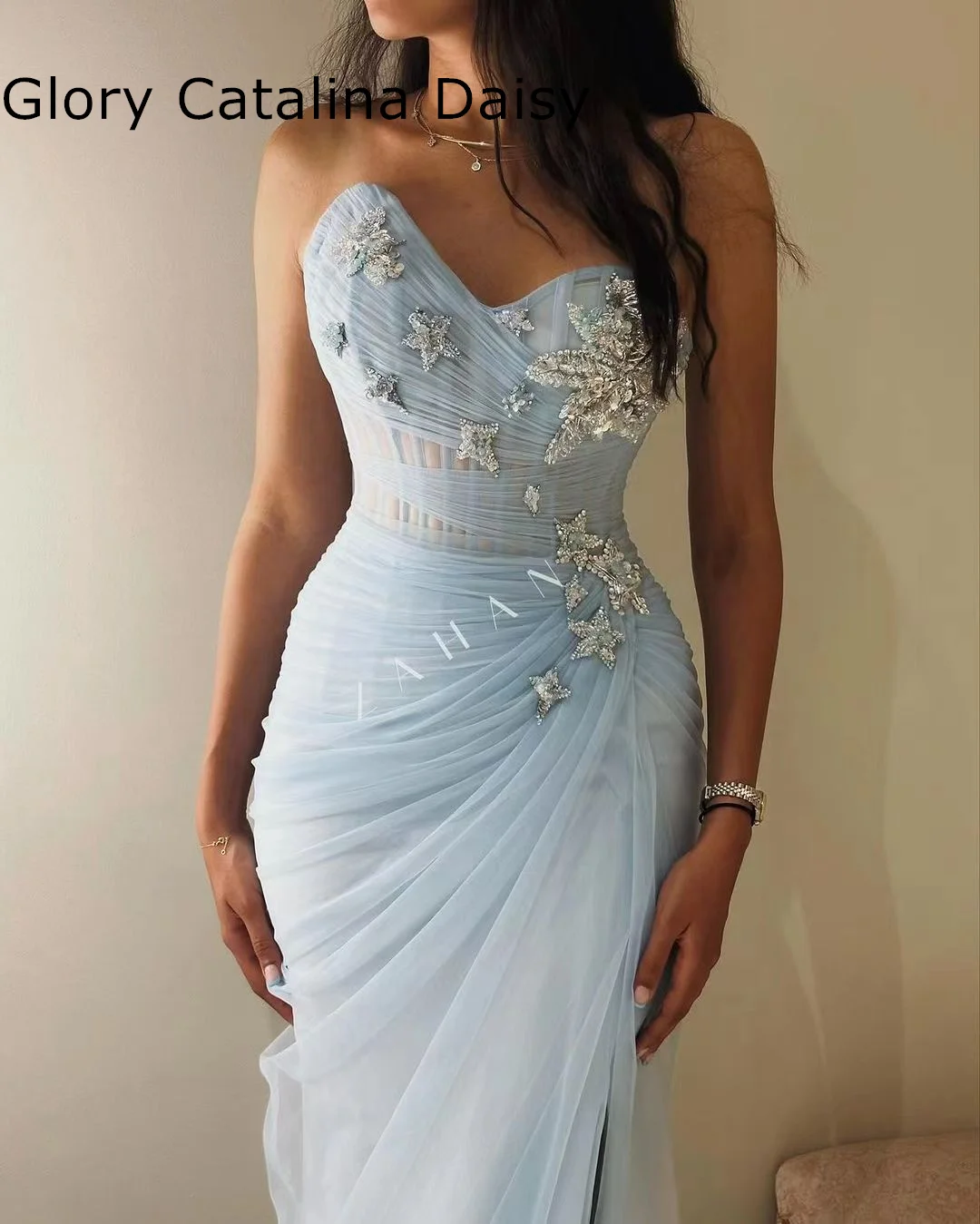 Blue Applique Prom Dresses Gala Mermaid High Side Split Sweetheart Evening Dress Tulle Ruffle Saudi Wedding Party Dress 2024