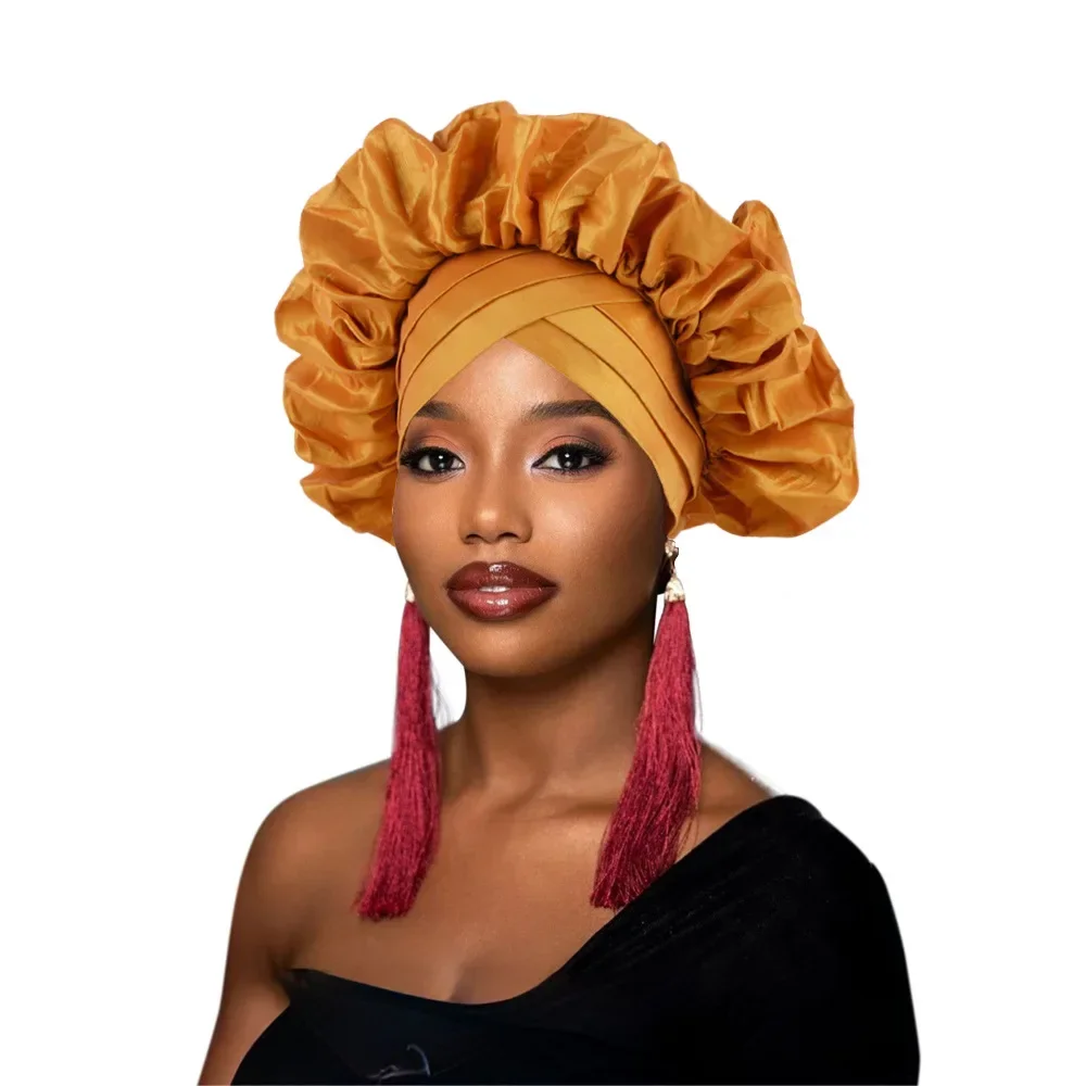 African Headtie Women Front Cross Ruffle Turban Cap Nigerian Wedding Auto Gele Headpiece Head Wrap Hijab Bonnet Hat Headdress