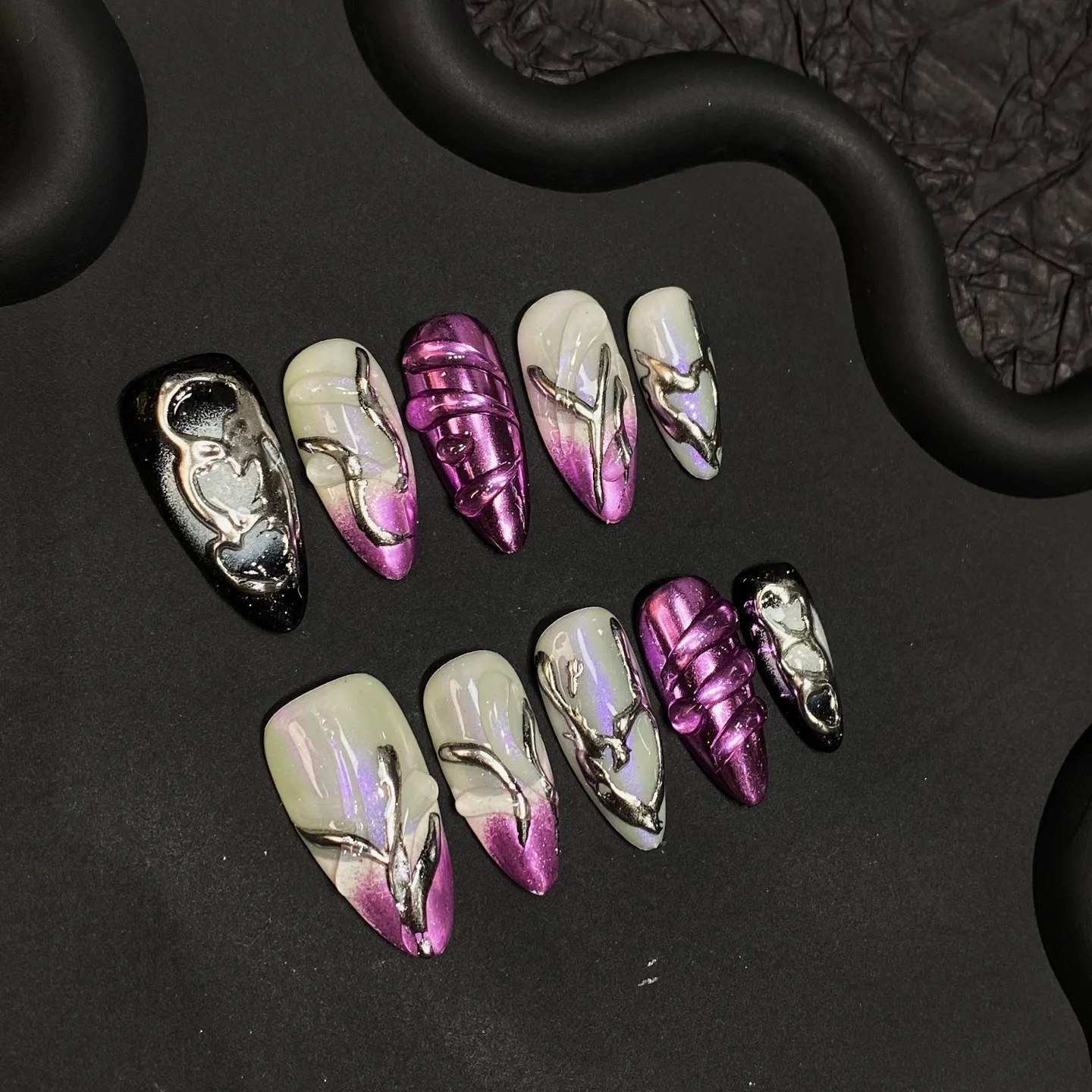 

10Pcs Fashion Spice Girl Nails Art Almond Purple French Fake Nail Silver Painting Black Cool False Nails Press on Nails Resuable