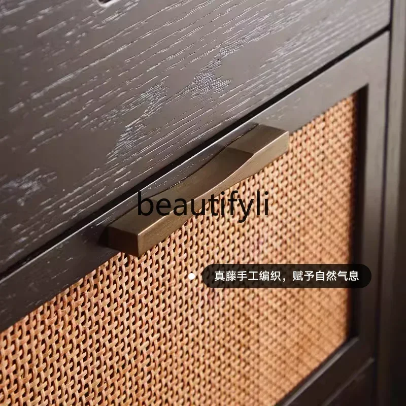 Hot sales Modern simple medieval retro old solid wood oak rattan chest Nordic porch six side cabinet