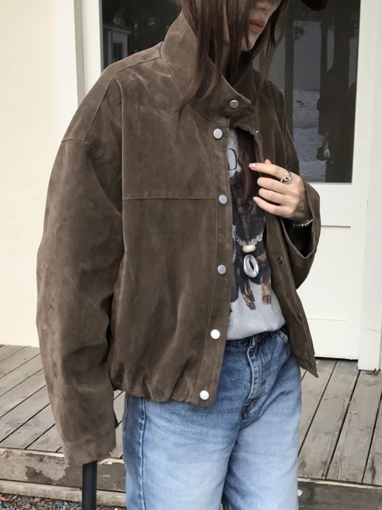 Retro Leather Velvet Long Sve Jaet Women's Loose Fit Stand Collar Autumn New Sle Versatile Outerwear Casual Top