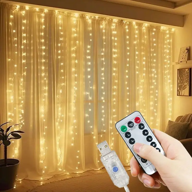 USB Curtain String Lights 8 Modes Christmas Light Remote Control LED Light Wedding Party Home Bedroom Indoor Decoration