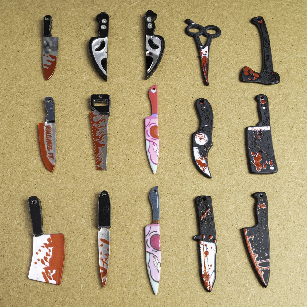 10Pcs Halloween Pendant Imitation Bloody Knife Charms Dagger Scissors Axe Saw Pendants For DIY Earring Keychain Jewelry Making