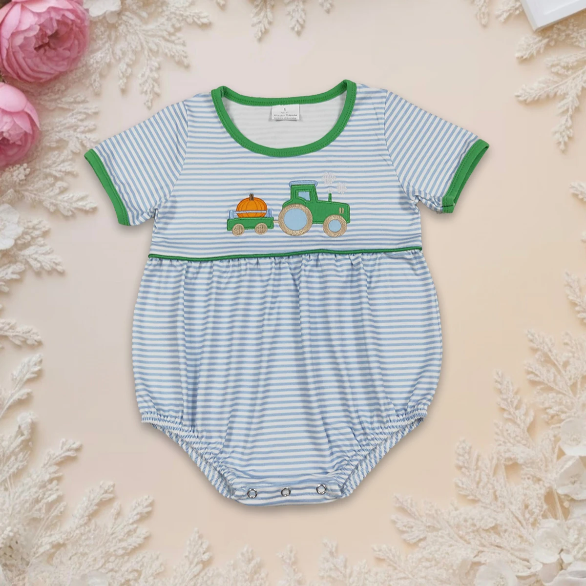 

Baby Boy Newborn Infant Toddler Short Sleeve Stripes Romper with Embroidery Pumpkins Truck Design Cute Adorable Fall Clothing