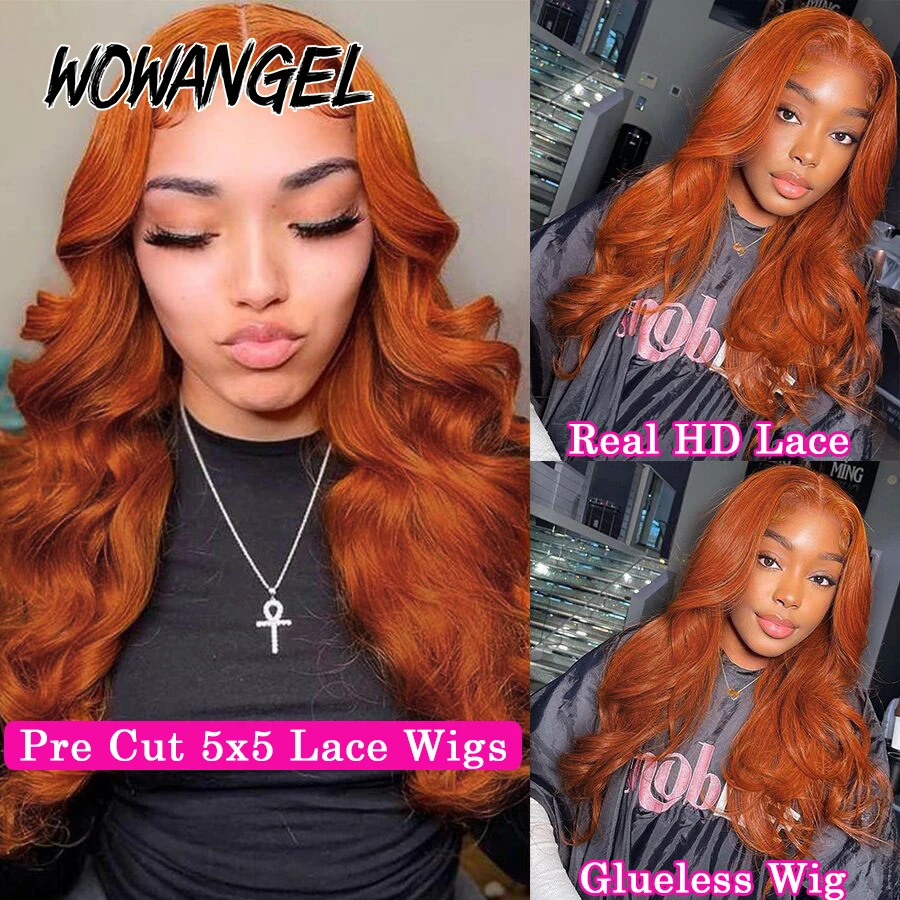 Wow Angel 5x5 HD Lace Closure Wigs Body Wave Pre Cut Lace Glueless Ready To Go Ginger Orange Human Hair Wigs Brazilian Hair