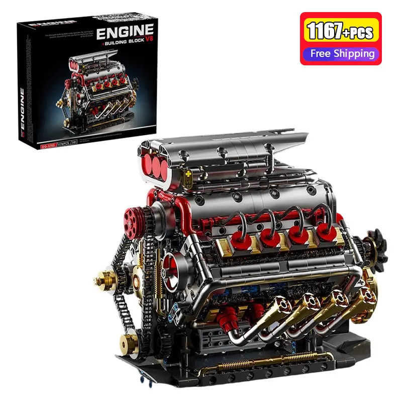 

1167Pcs Mechanical V8 Engine Model Building Blocks MOC Creative Assembly Bricks Technical DIY Educational Toys For Adults Kids