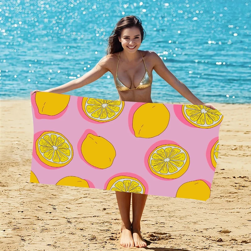 Lemon Pattern Beach Towel Pink Background Yellow Citrus Print Cute Summer Towel For Beach