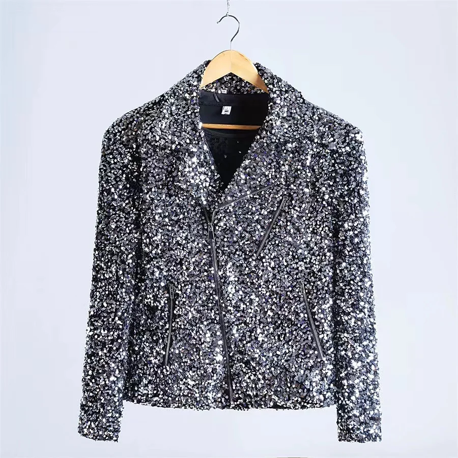 Glitter Sliver Sequins Coats Bar Male Singer Zipper Motorcycle Casual Jacket DJ Hip Hop Dance Stage Show Performance Costume