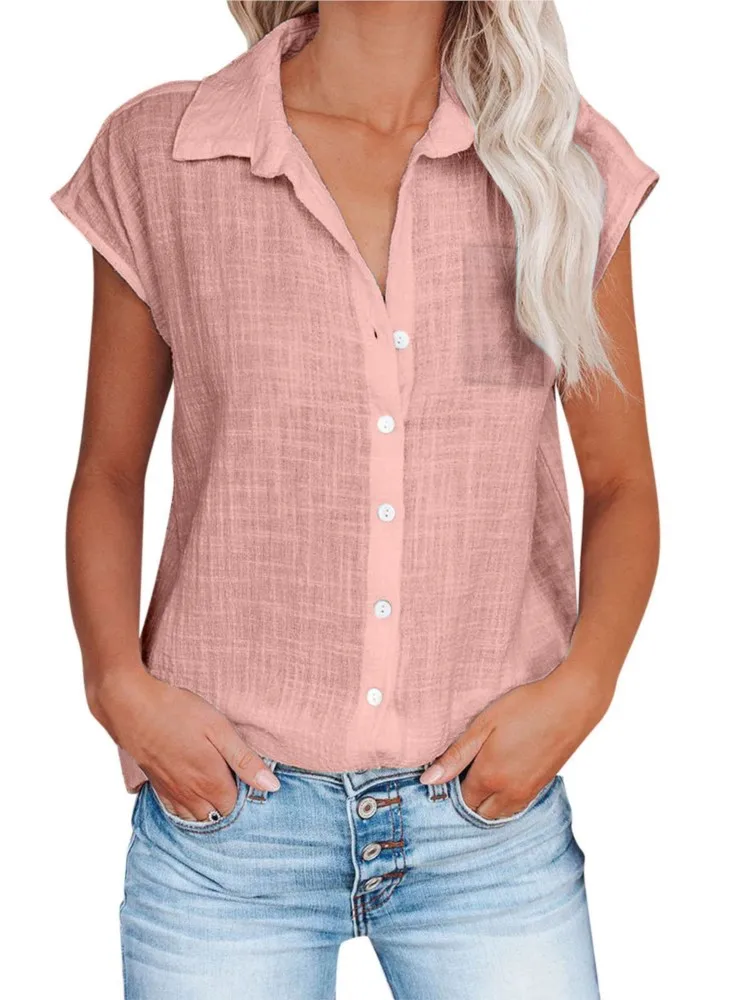 Summer New Women\'s Solid Color Pocket Shirt Women\'s Fashion Bat Sleeve Casual Short Sleeve Collar Button Shirt Comfortable Top