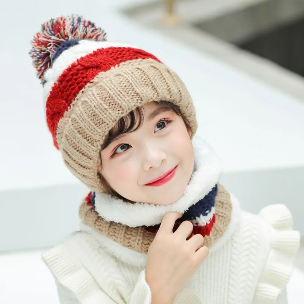 Cute Velvet Knitted Wool Ball Hat Fleece Lined Thick Fleece Cap Scarf Set Keep Warm Neck Warmer for Winter