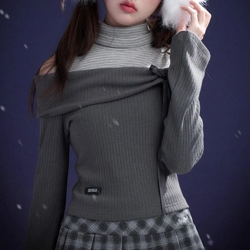 2025 automne nouveau japonais creux bretelles à lacets plissé décontracté à manches longues pull femmes + Plaid jupe plissée deux pièces costume