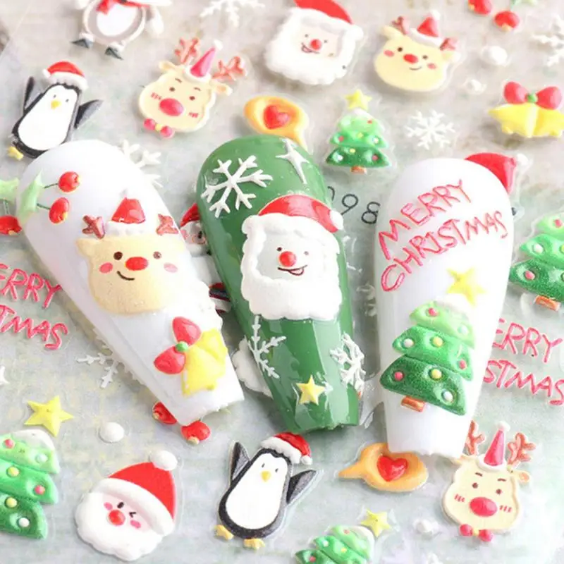 Pegatinas de uñas de vacaciones de invierno, calcomanías en relieve, diseño autoadhesivo DIY gratis con tarjeta de felicitación de patrón navideño