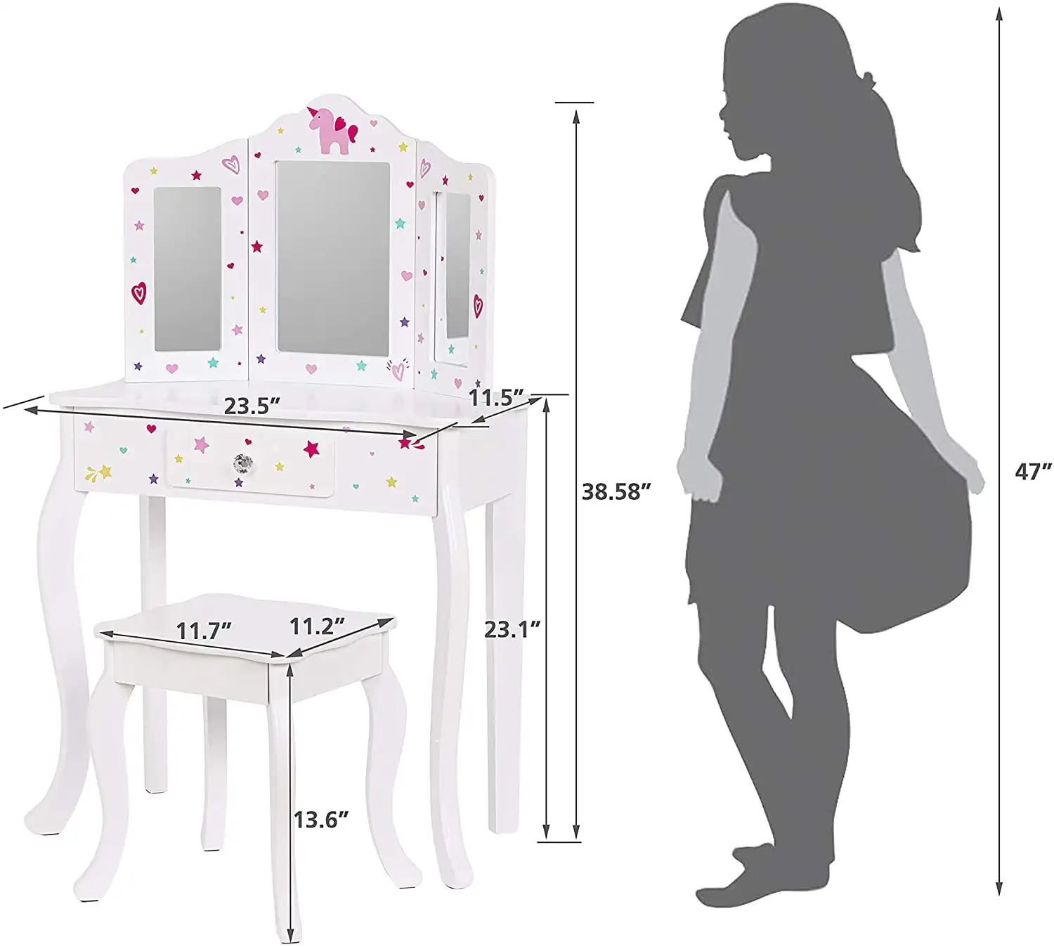 Pretend Play Kids Vanity Table and Chair Vanity Set with Mirror Makeup Dressing Table with Drawer，Play Vanity Set,White