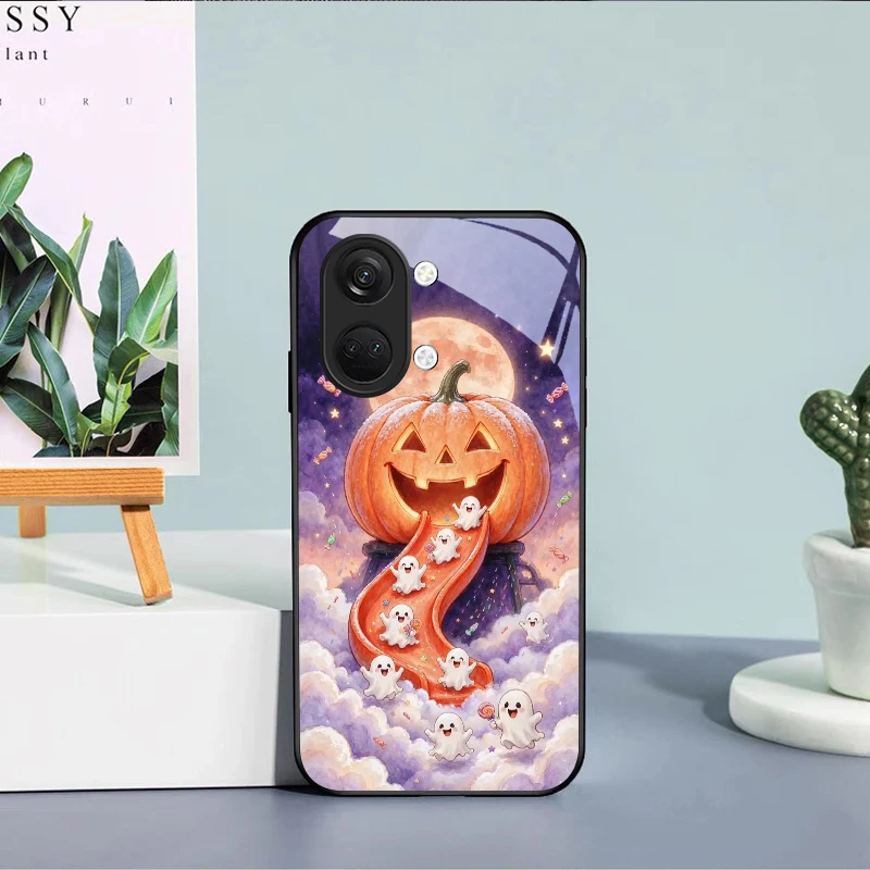 Pumpkin Halloween Art Black Glass Phone Case For OnePlus Nord CE 2T 2 3 Lite 5G N20 30 7T Nord 8 9 10 Pro 12 13R 11R Back Cover