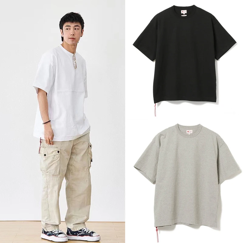 

Japan 23SS Red Rope Pure Color Heavyweight Pure Cotton Basic ex ort Sve T-irt Youth Faion Summer round Ne Top