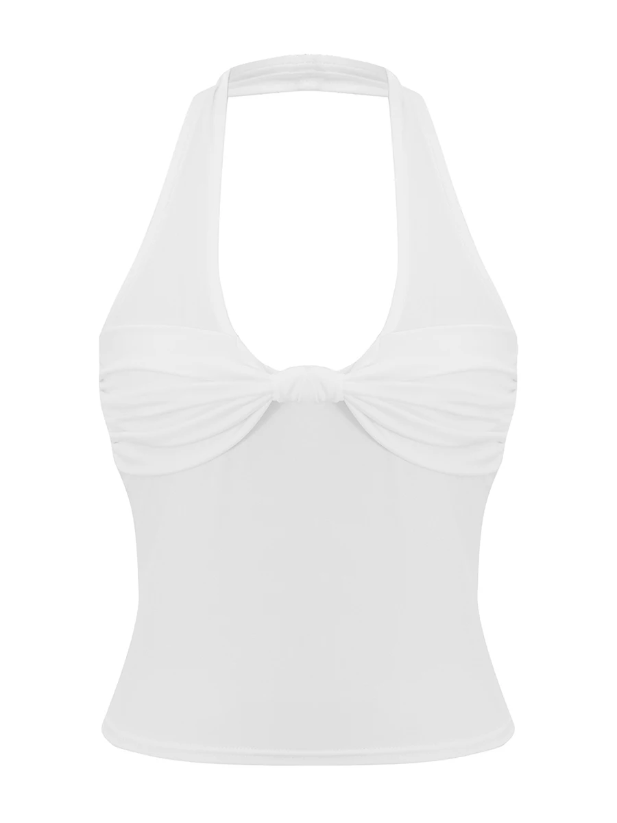 

Женские топы на бретельках с бретелькой на шее, летние однотонные рубашки без рукавов с узлом спереди, нарядные топы