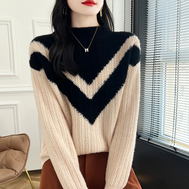 DjzDsm Autumn And Winter New 100% Pure Wool Women's Knitted Pullover Sweater Half Turtleneck Thick Color Sweater Long Sleeve Top