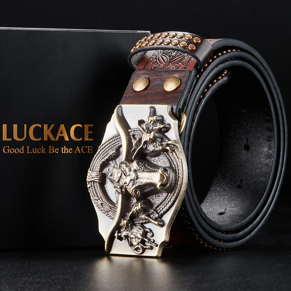 LUCKACE Vintage Design Mens Western Cowboy Belt Handmade Stylish Embossed Belt Good Gift for Husband Father Boyfriend Brothers