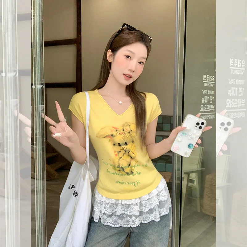 ลดอายุน่ารักกระต่ายพิมพ์Vคอสั้นเสื้อ \ \ \ \ \ \ \ \ \ \ \ \ \ \ \ \'sเสื้อยืด 2025 ใหม่Slimming Superสวยที่ไม่ซ้ํากันสไตล์Top