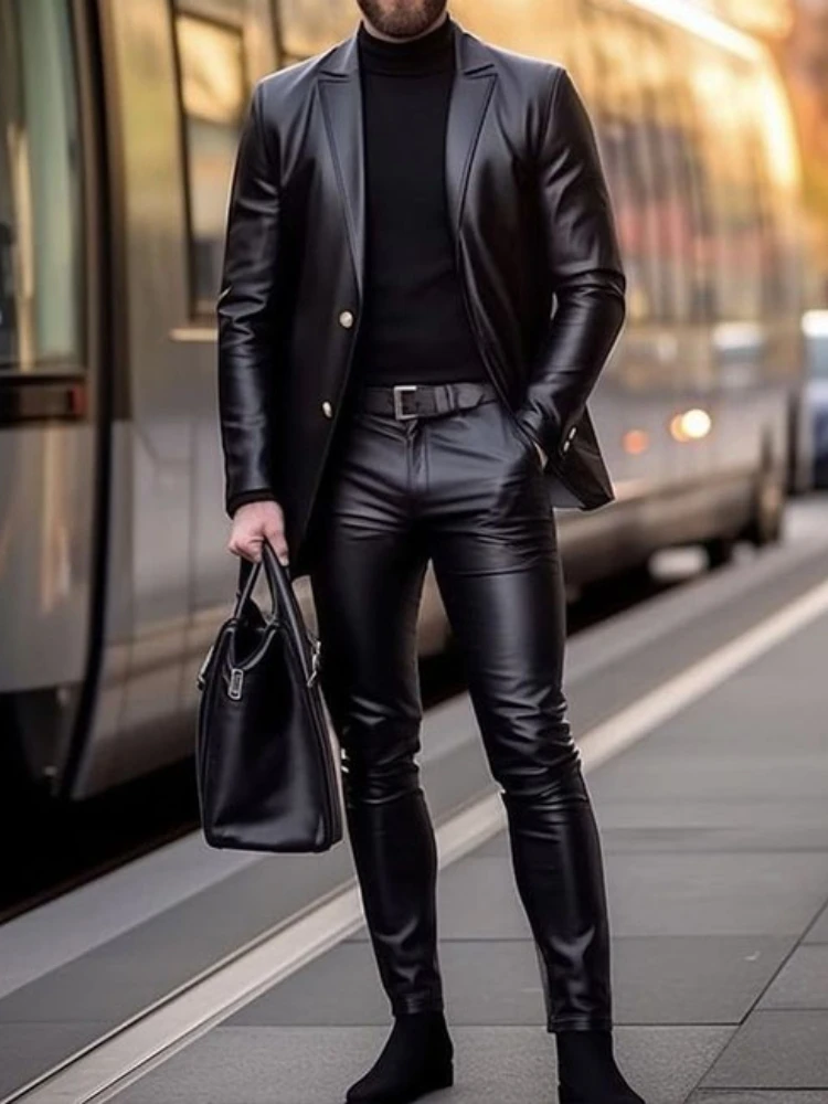 

PU Leather Men Suits Set 2 Piece Blazer Pants Trousers Wedding Tuxedo Formal Office Groom Prom Jacket Business Coat