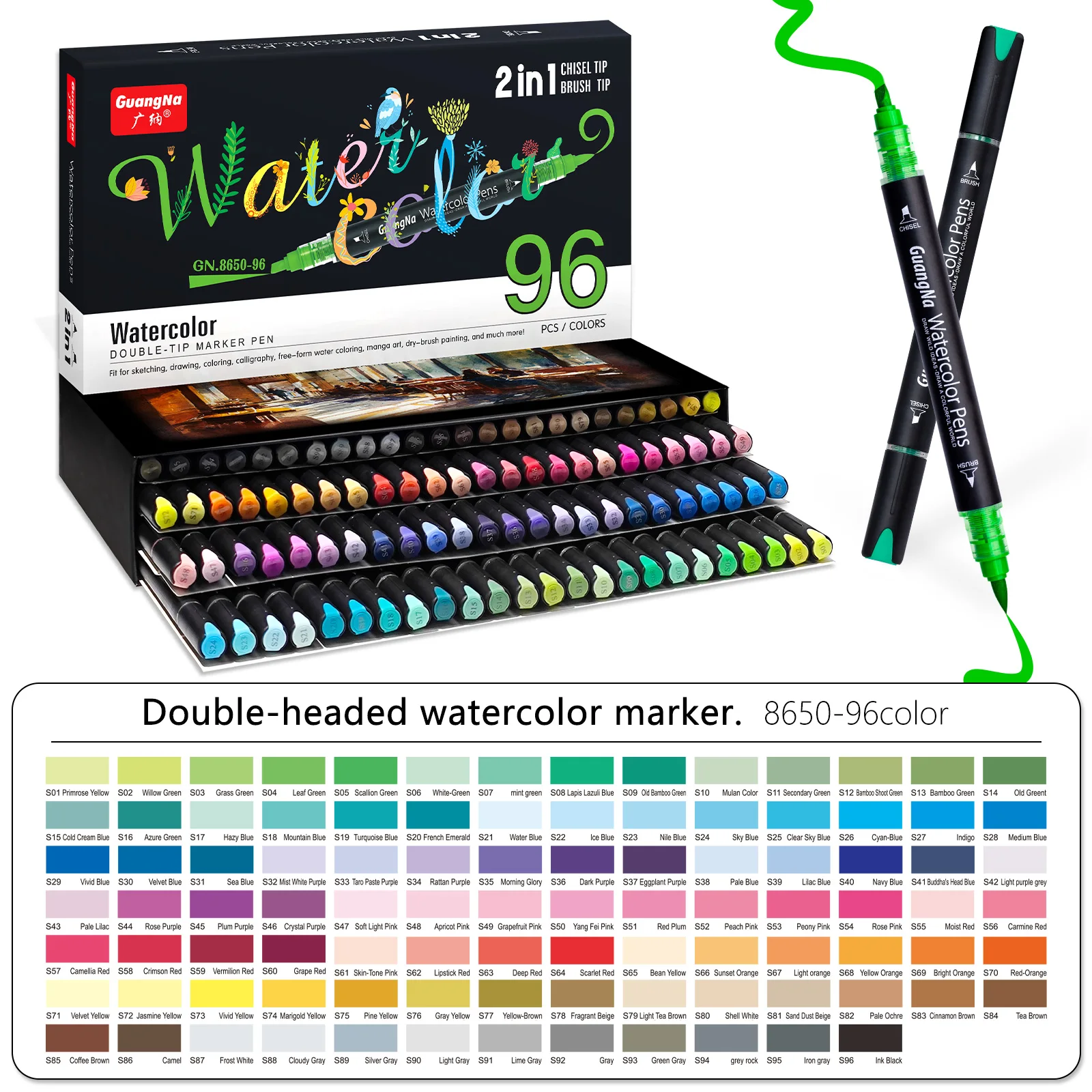 

GN 96 Colors Straight Liquid Watercolor Marker Pens Set, Dual Tip, Waterproof, for Glass,Painting DIY Coloring Crafts