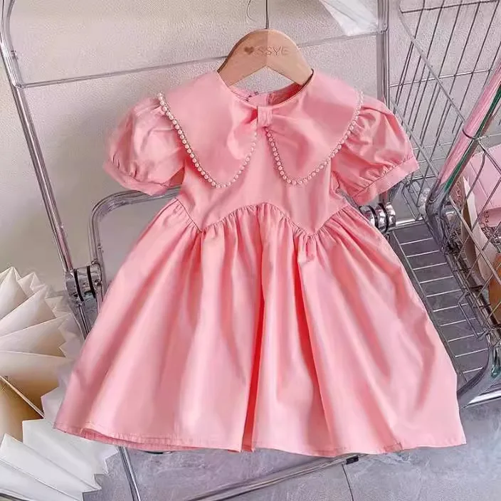 

2025 Summer New Children's Girls Pearl Lapel Short-sleeved Dress Girls Pink Princess Dress Casual Sweet