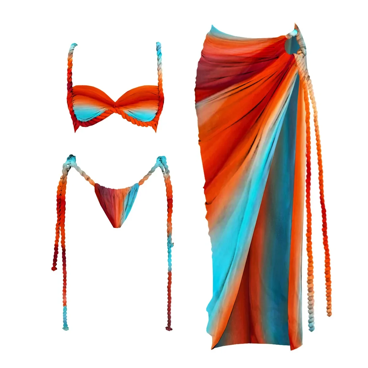 

New 3Pcs Crochet Bikini Women Swimsuit Sexy Swimwear Halter Biquini Push Up Swim Suit Strappy Bodysuit Female Bathsuit Beachwear
