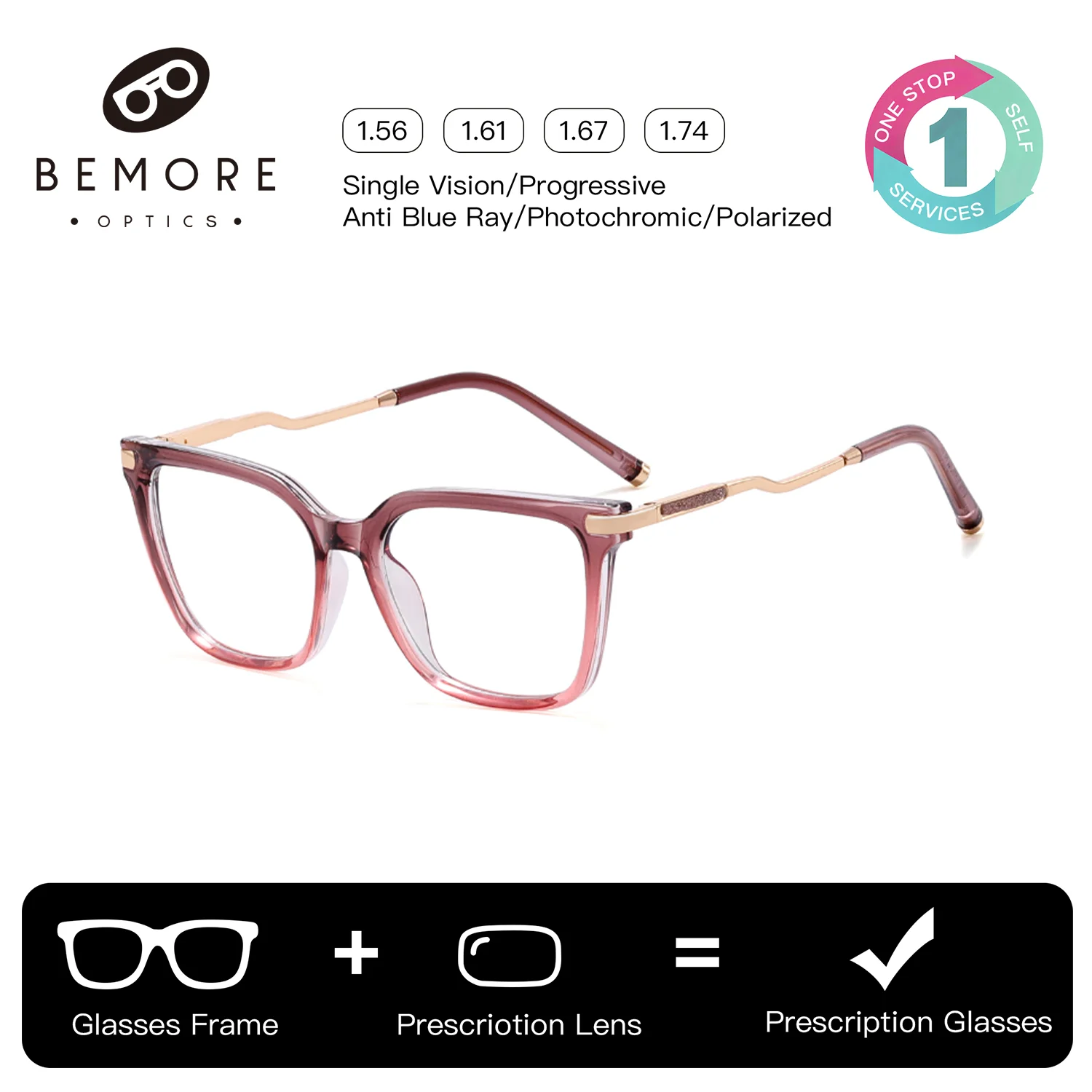 

BEMORE Trendy Square Handmade Acetate Prescription Glasses Women Blue Light Blocking Photochromic Brown Optical Eyeglasses