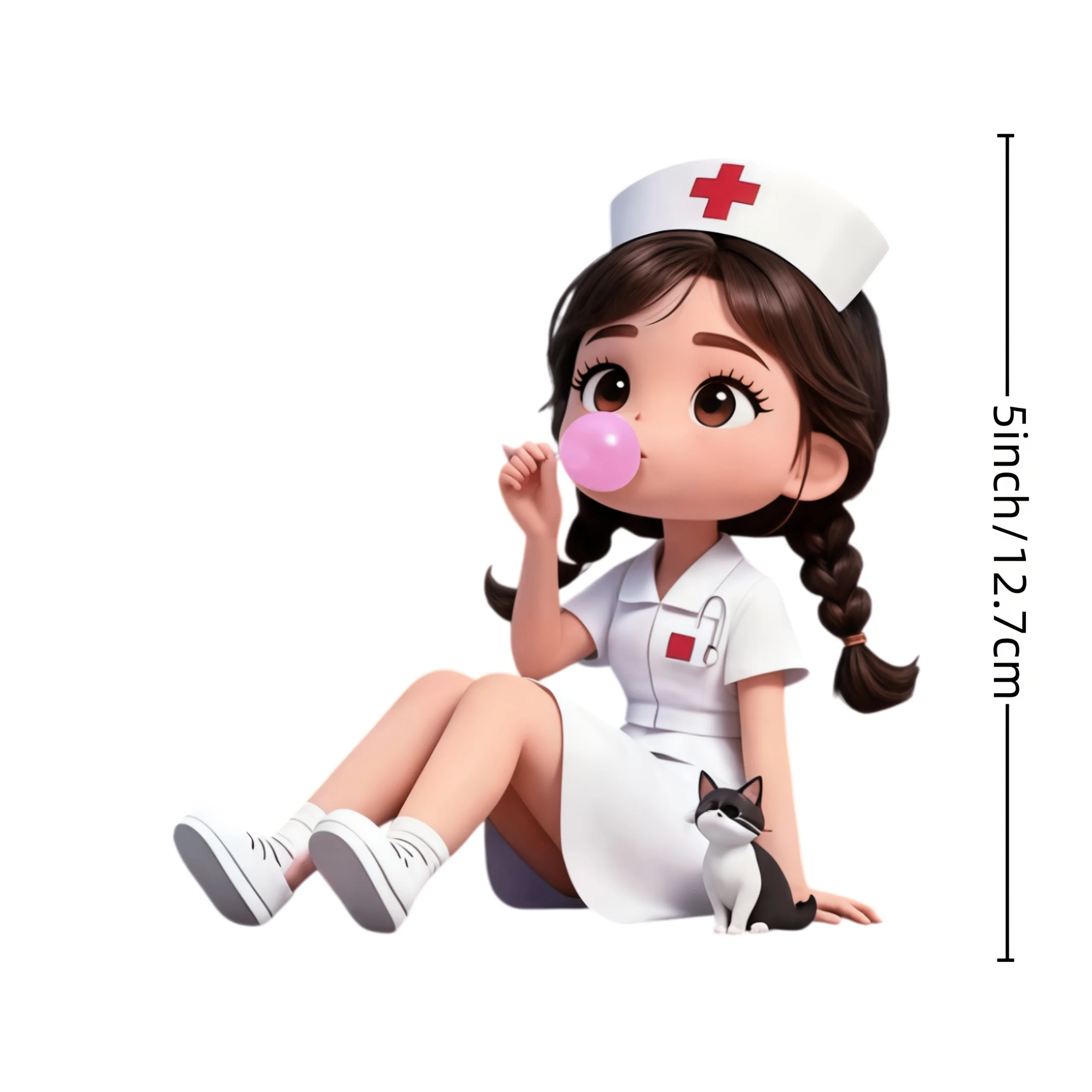 1Pc Cute Nurse Bubble Gum 2D Flat Vinyl Sticker, Creative Medical Theme Decal for Car, Glass, Wall, Socket Switch, Laptop Decor