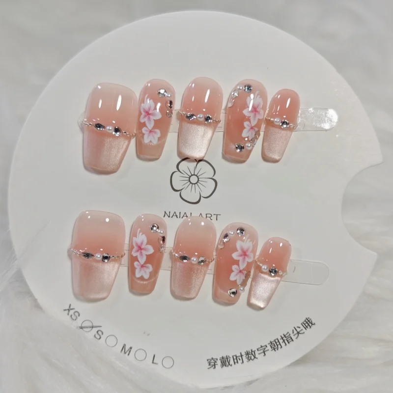 10 Stück süße, glänzende, rosa Katzenauge, kurzer Sarg, handgefertigt, zum Aufdrücken der Nägel, einfache Blumen mit Perle, französische künstliche Nägel, tragbare Nägel