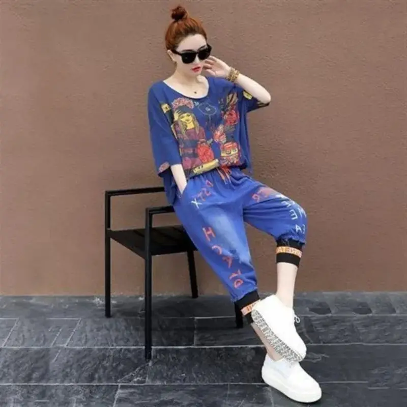 Women\'s Fashion Sports Suit Spring Summer New Short Sleeved T-shirt Calf-Length Harem Pants Korean Loose Leisure 2 Two Piece Set