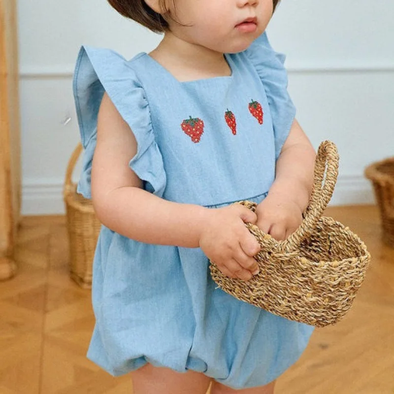 Girls' Strawberry Triangle Pants Korean Style Children's Cloth 2026 Summer Style Soft Lace Kids Romper