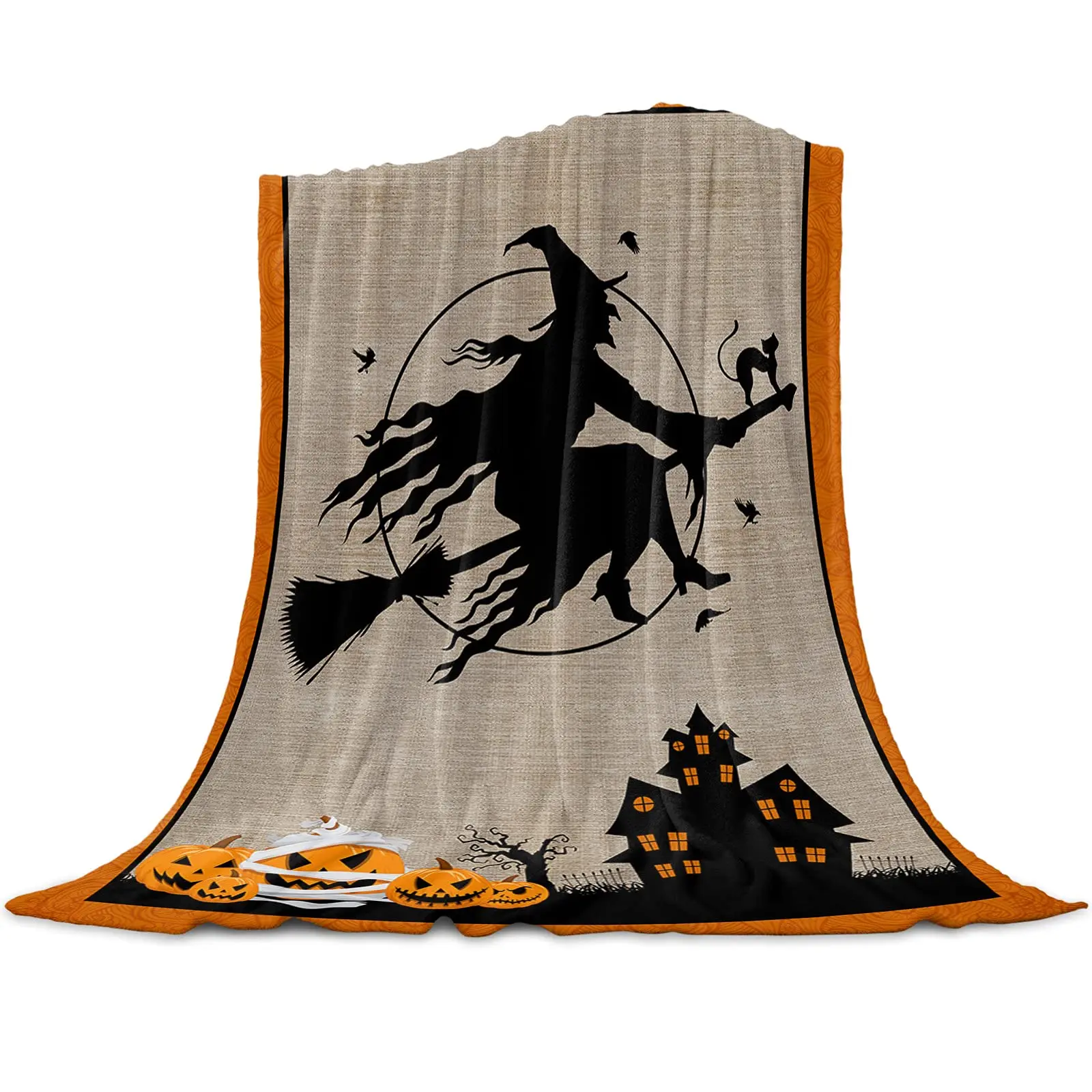 Halloween Throw Blankets,Haunted House Witches Cat Pumpkins Soft Blanket for Home Sofa Couch Living Bedroom Scary Movie Nights